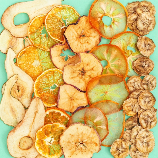 Nature Organic Dehydrated fruit chips of apple, banana, persimmon, pear, tangerine as healthy snack