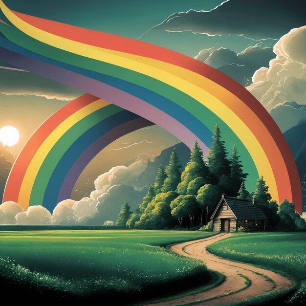 Nature park scene background with rainbow in the sky