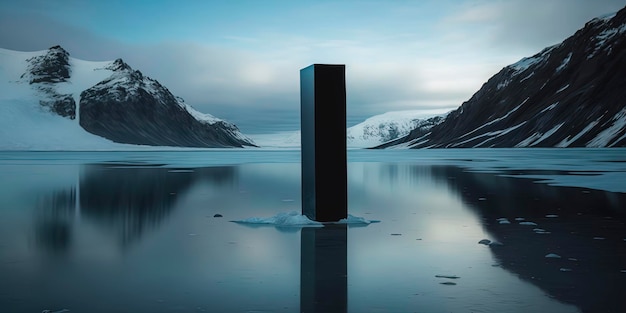 Nature photograph of tall skinny vantablack monolith on a flat glacier