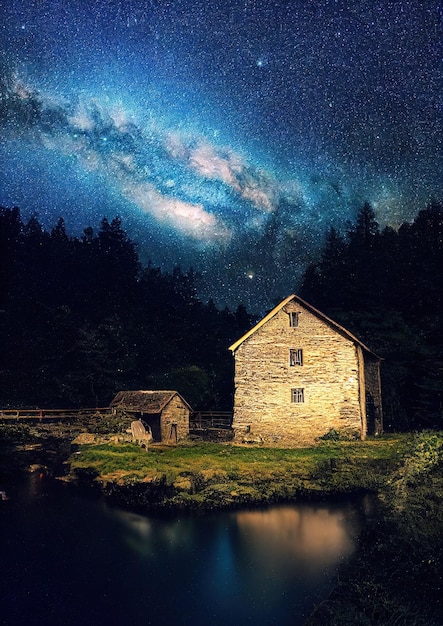 Nature photography A Large Watermill with the Milky Way above 3d style illustration