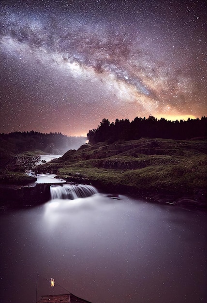 Nature photography A Large Watermill with the Milky Way above 3d style illustration