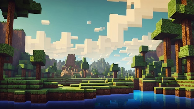 Nature pixel landscape video game user interface in minecraft style bit background