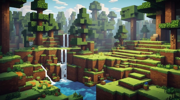 Nature pixel landscape video game user interface in minecraft style bit background