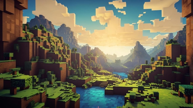 Nature pixel landscape video game user interface in minecraft style bit background