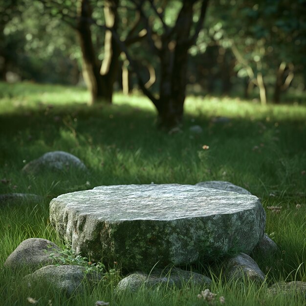 Nature product podium in the form of a stone in a grass with green forest on a background