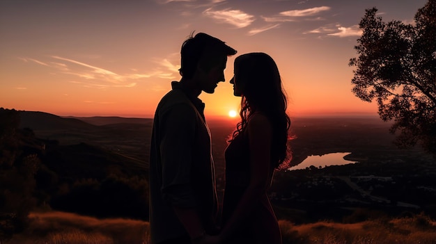 Nature Romance Couple Magical Sunset Kiss on the HillWhispers of Sunset Romance Blossoms on the Hill