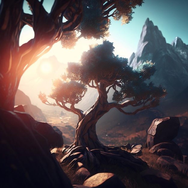 Nature's CloseUp An Metamorphic Lens Flare Captures a Tree Against a Majestic Mountainous Background Generative AI