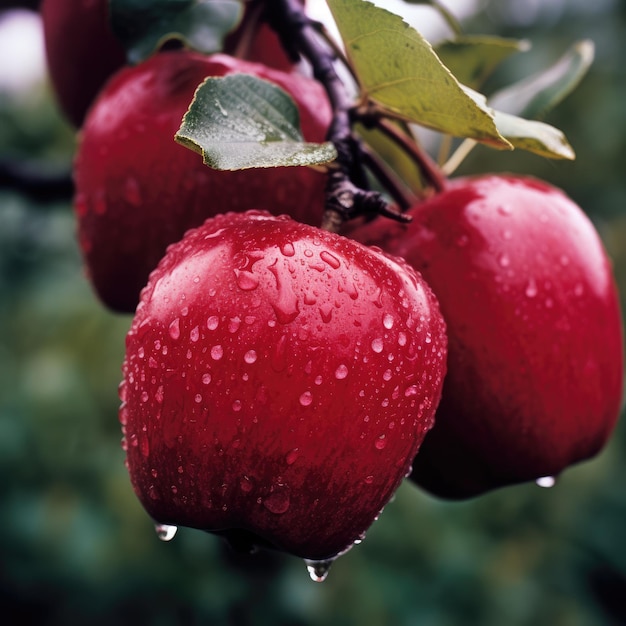 Nature's Jewels Glistening Droplets Adorn Red Delicious Apples on Tree