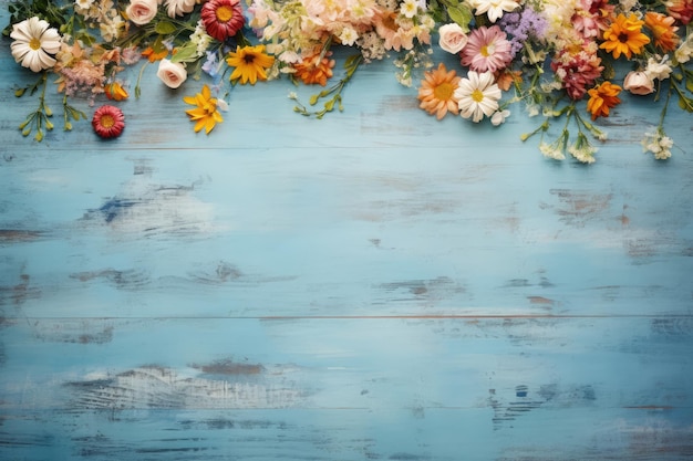 Nature's Palette Blossoming Garden Flowers on a Serene Blue Wooden Table