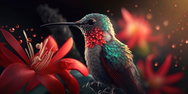 Nature's power and beauty captured in a stunning photograph of a focused Hummingbird on red flowers amidst natural light flares and bokeh A true masterpiece of wildlife photography Generated by AI