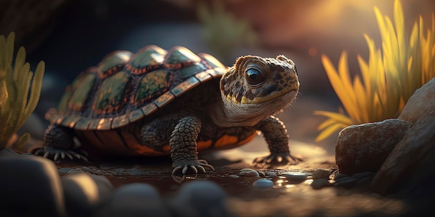 Nature's power and beauty captured in a stunning photograph of a focused turtle amidst natural light flares and bokeh A true masterpiece of wildlife photography Generated by AI