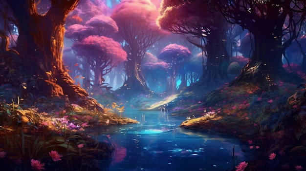 Nature's Serenity A CloseUp of a Majestic River Flowing Through a Lush Forest Surrounded by Vibrant Trees and Blooming Flowers Generative AI Capturing the Beauty of Mother Nature