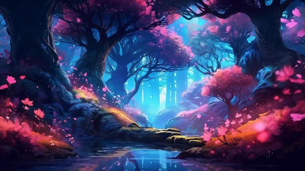 Nature's Symphony A Serene Stream Flowing Through a Blossoming Forest Generative AI Capturing the Beauty of Nature