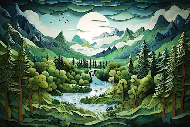 Nature Scene Papercut Forest Landscape Mountain Trees Leaves in Green Color Palette Generative AI