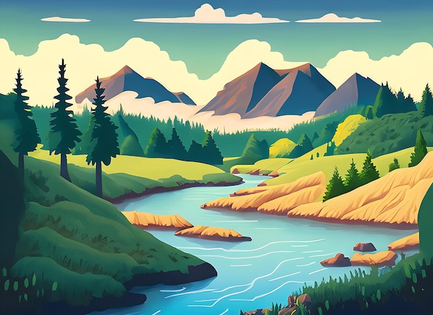 Nature scene with river and hills forest and mountain landscape flat cartoon style illustration