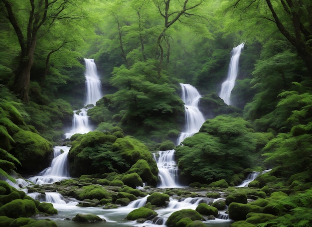 Nature scene with stream flowing through forest