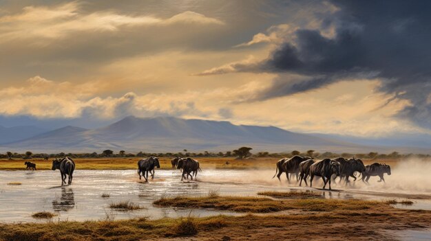 Nature scenery wildebeest animal image Generative AI