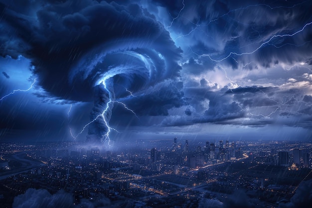 Nature Storm Dramatic Hurricane Sky with Lightning Bolt Over City Landscape