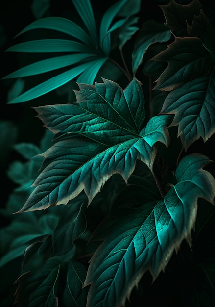 Nature texture background of green leaf and palms Flat lay image Dark nature Tropical nature