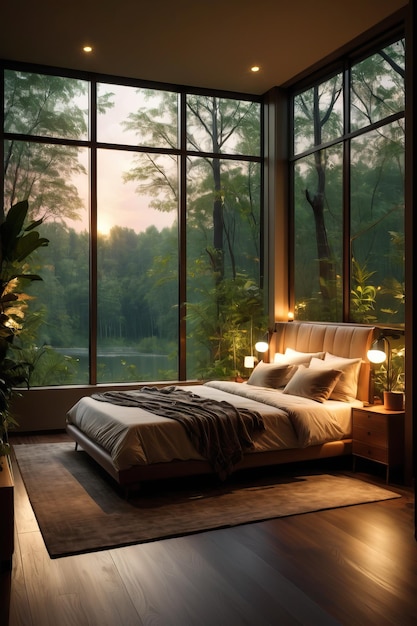 Nature themed cozy bedroom with background view of nature