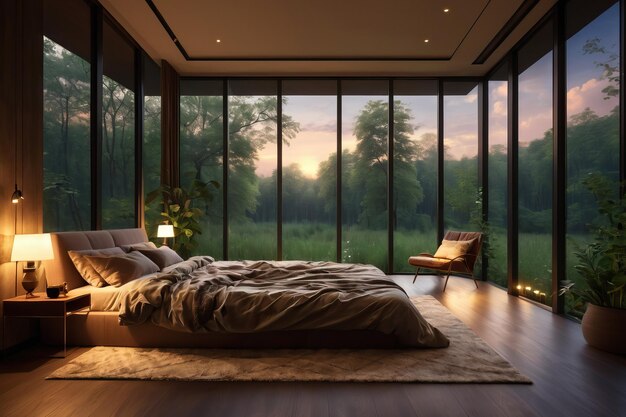 Nature themed cozy bedroom with background view of nature