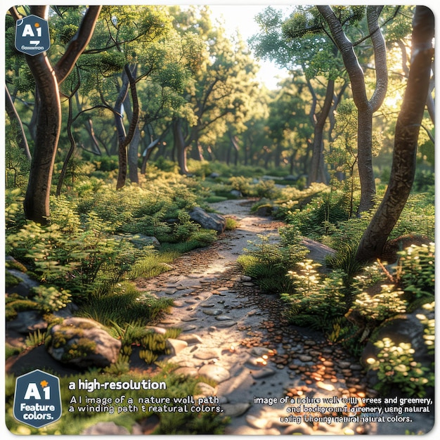 Photo nature walk pathway surrounded by lush greenery and sunlight