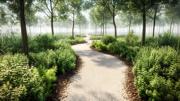 Photo nature walk pathway surrounded by lush greenery and sunlight