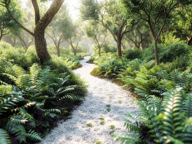 Photo nature walk pathway surrounded by lush greenery and sunlight