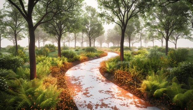 Photo nature walk pathway surrounded by lush greenery and sunlight