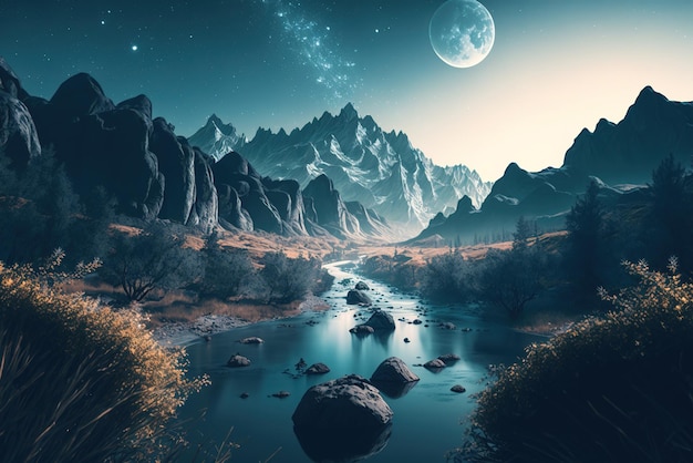 Nature with trees, mountains, and a flowing river, the galaxies in the background