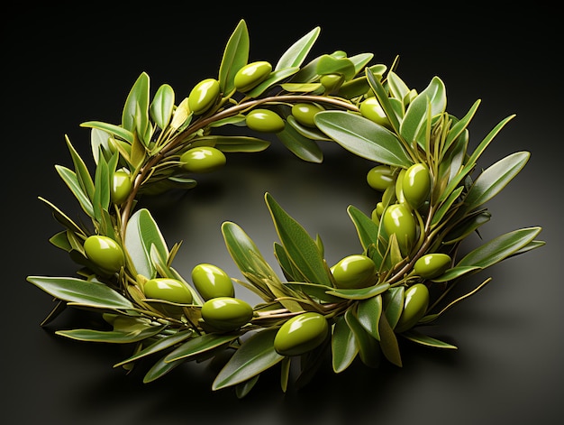 Nature wreath with green leaves and olives on black background