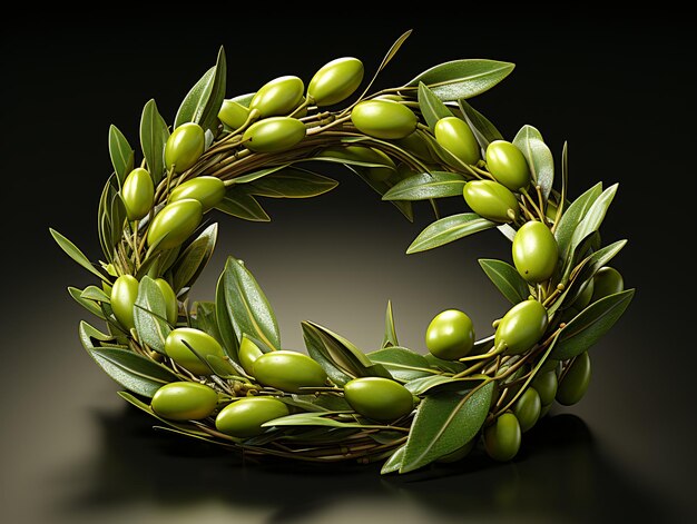 Nature wreath with green leaves and olives on black background