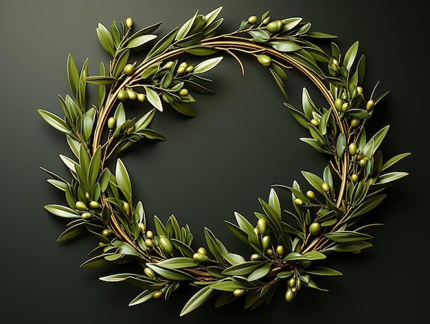 Nature wreath with green leaves and olives on black background