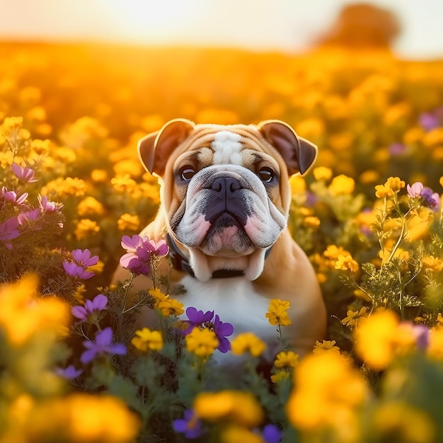 Photo nature039s beauty lovely bulldog embraced by colorful flowers