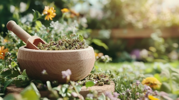 Photo nature39s bounty a wooden bowl overflowing with dried herbs surrounded by colorful flowers