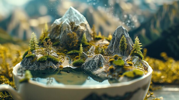 Nature39s Teacup A whimsical miniature mountain landscape nestled in a teacup miniature landscape mountains teacup nature whimsical creative greenery trees water art concept microcosm