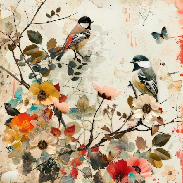 A natureinspired collage featuring cutout leaves flowers and birds layered with watercolor textures and delicate patterns