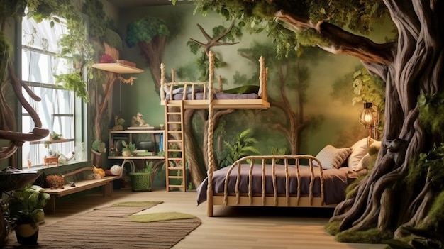 A natureinspired kids' room with treeshaped bunk beds leafy wallpaper and a naturethemed play a