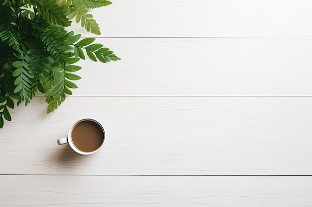 NatureInspired Workspace A Serene White Wood Table with a Refreshing Touch of Green and Warm Coffe