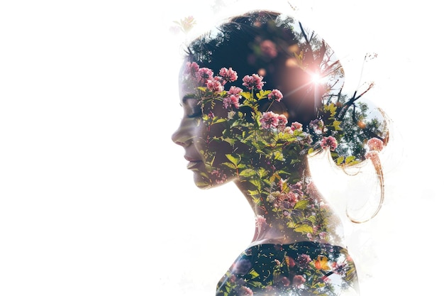 Photo natures essence a double exposure portrait of woman and flowers