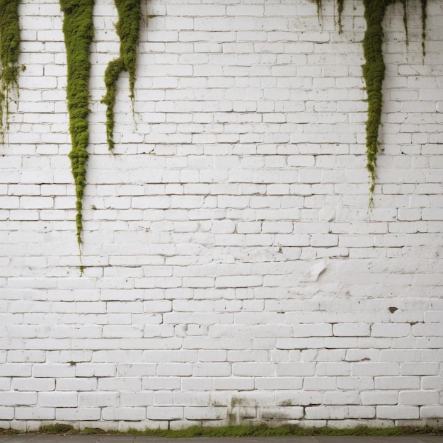 Natures Touch White Brick Wall with Moss Growth Creating a Contrast of Urban and Natural Elements