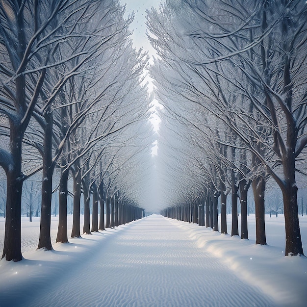 Photo natures winter colonnade trees stripped bare under swirling snowflakes