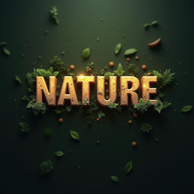 Naturethemed text with leaves and plants on a dark green background