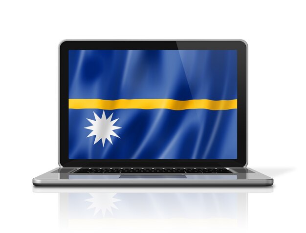 Nauru flag on laptop screen isolated on white. 3D illustration render.