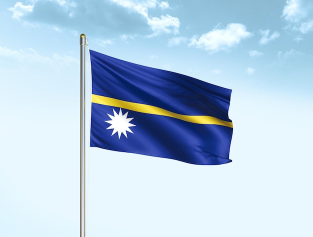 Nauru national flag waving in blue sky with clouds Nauru flag 3D illustration