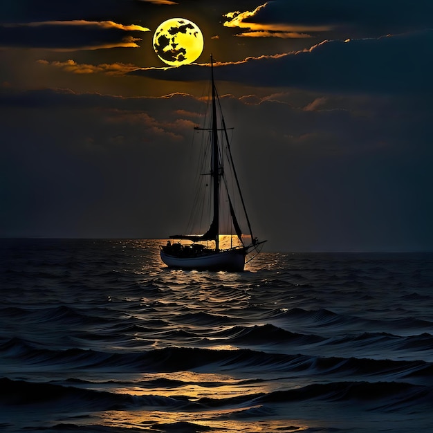 Photo nautical ambiance at night with sailing boat under full moon