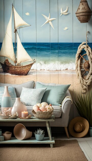 Photo nautical and coastal themed wallpaper design for home interior design on an accent walls