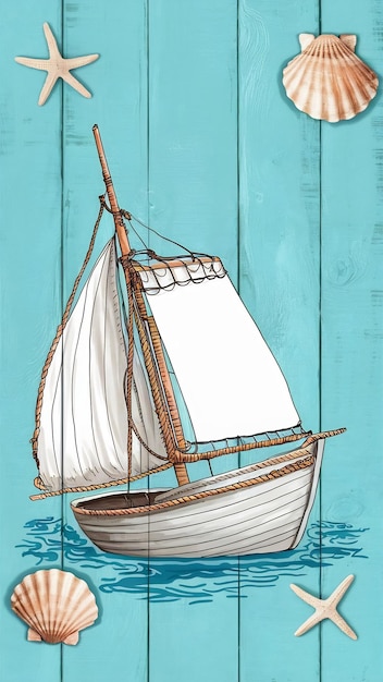 nautical concept with sail boat seashells star fish and blank board for copy space over mint blue