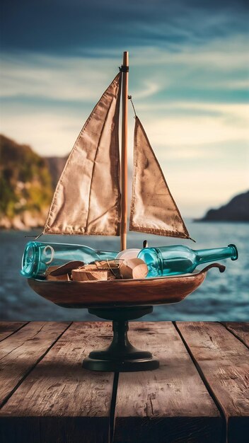 Photo nautical concept with sail boat with glass bottle elements over wooden table and sea landscape back