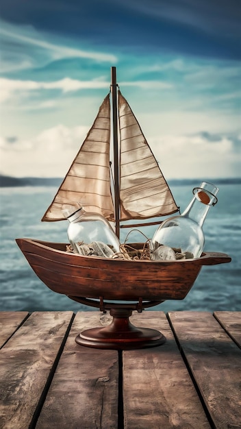 Photo nautical concept with sail boat with glass bottle elements over wooden table and sea landscape back